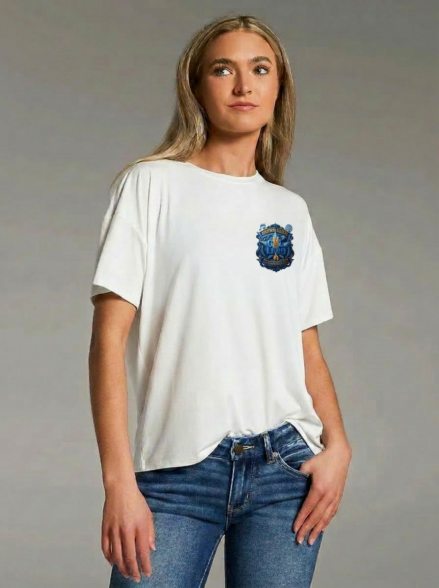 Woman wearing white GOE Lead branded t-shirt