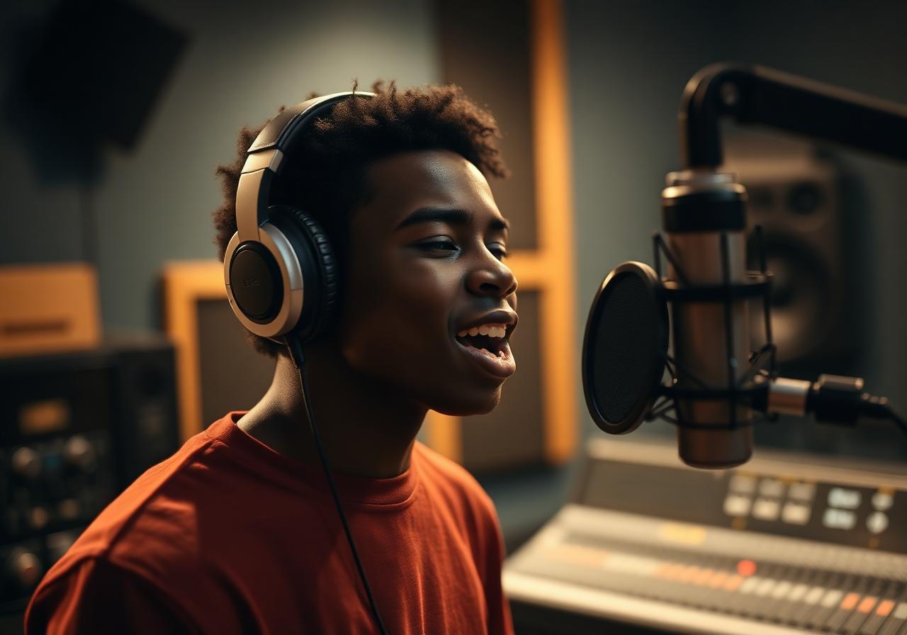 Young vocalist recording in a professional studio