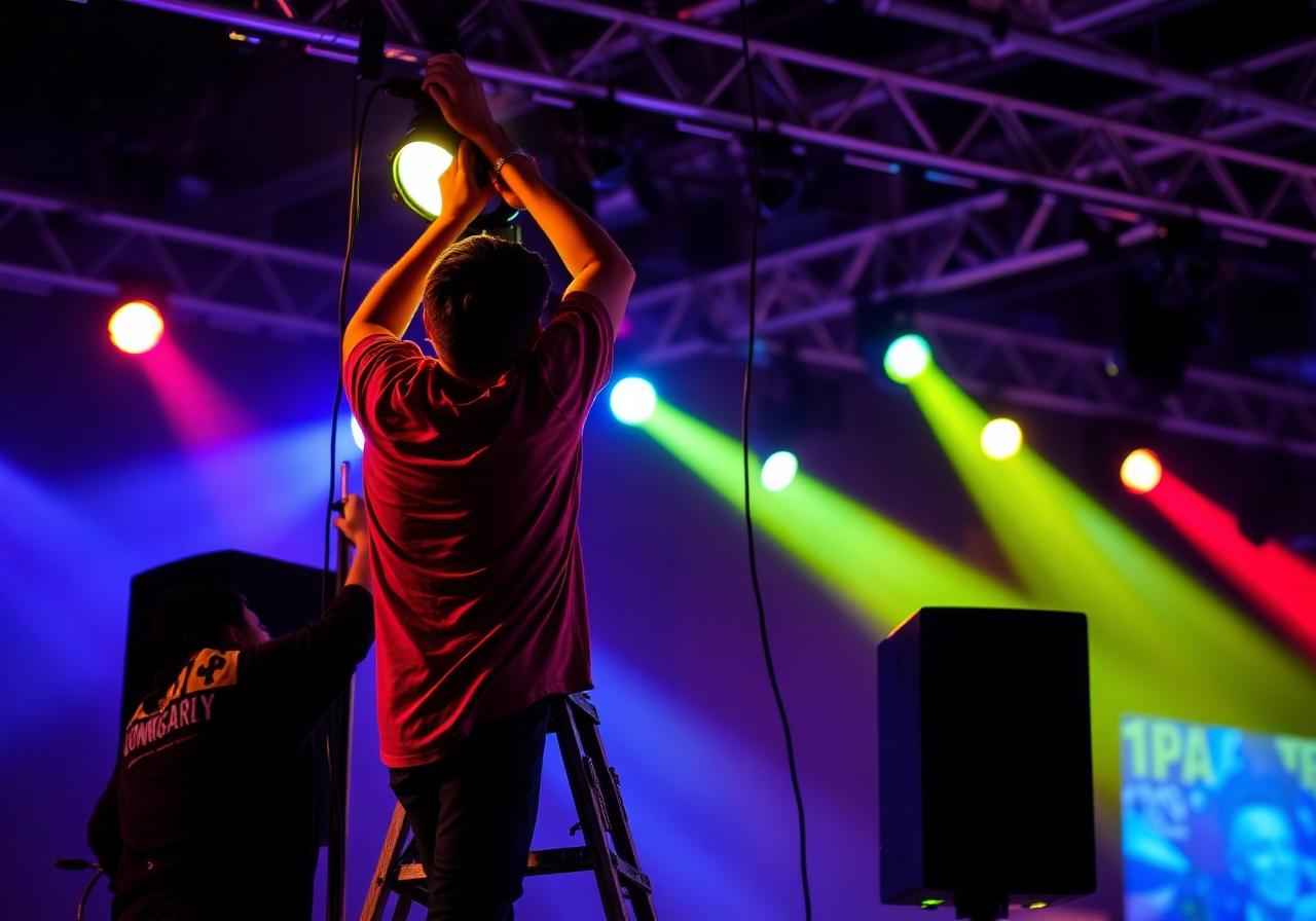 Technician adjusting stage lighting at an event