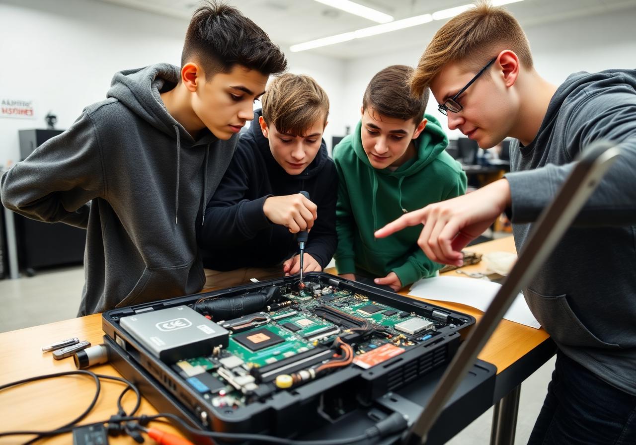 Teens learning computer repair on a disassembled laptop